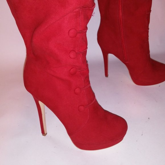 Just Fab Over the Knee Boots Womens Size 10 Solid Red Button Detail Platform Sid - Picture 3 of 16